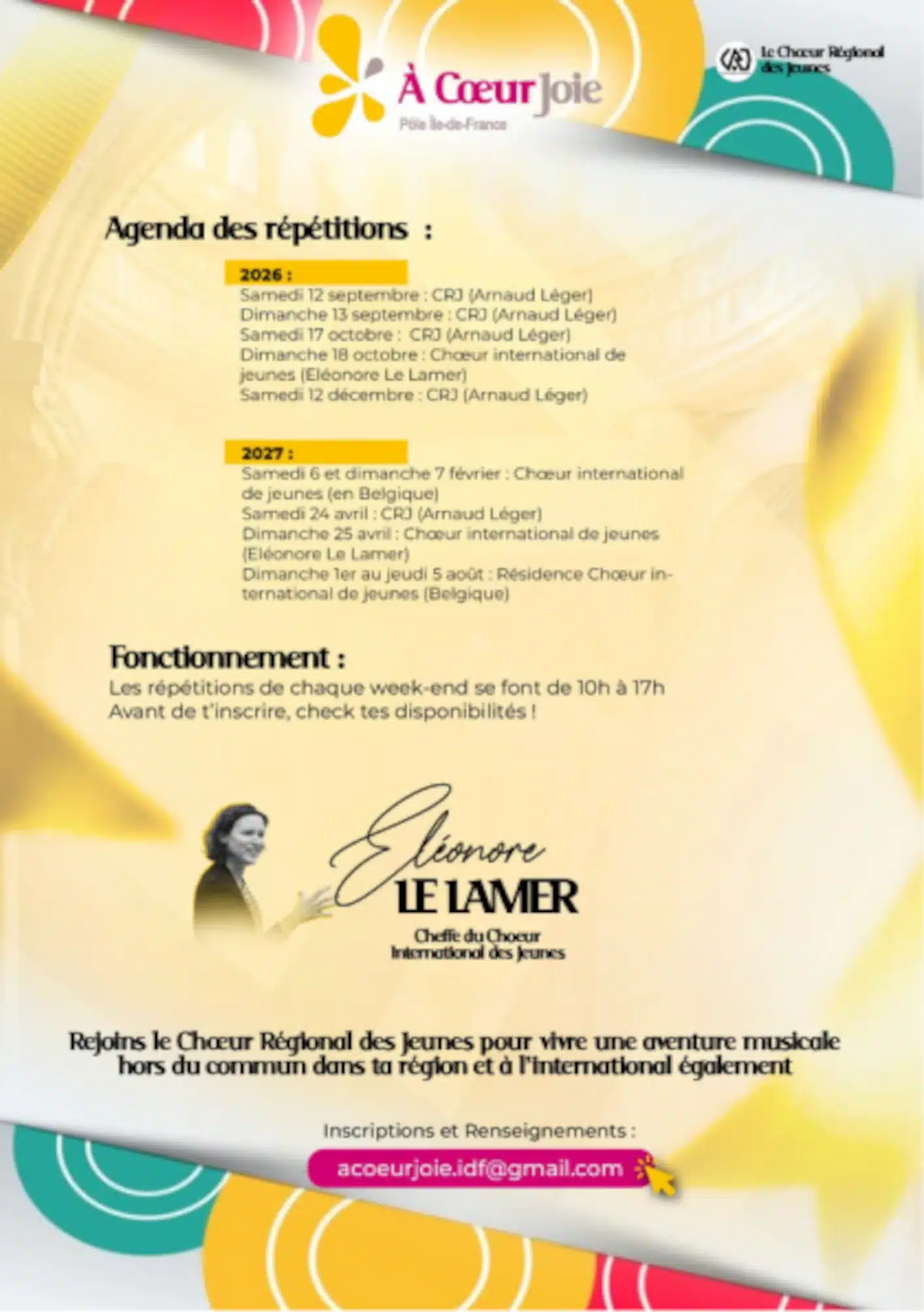 Agenda des répétitions du CRJ pour la saison 2026-2027