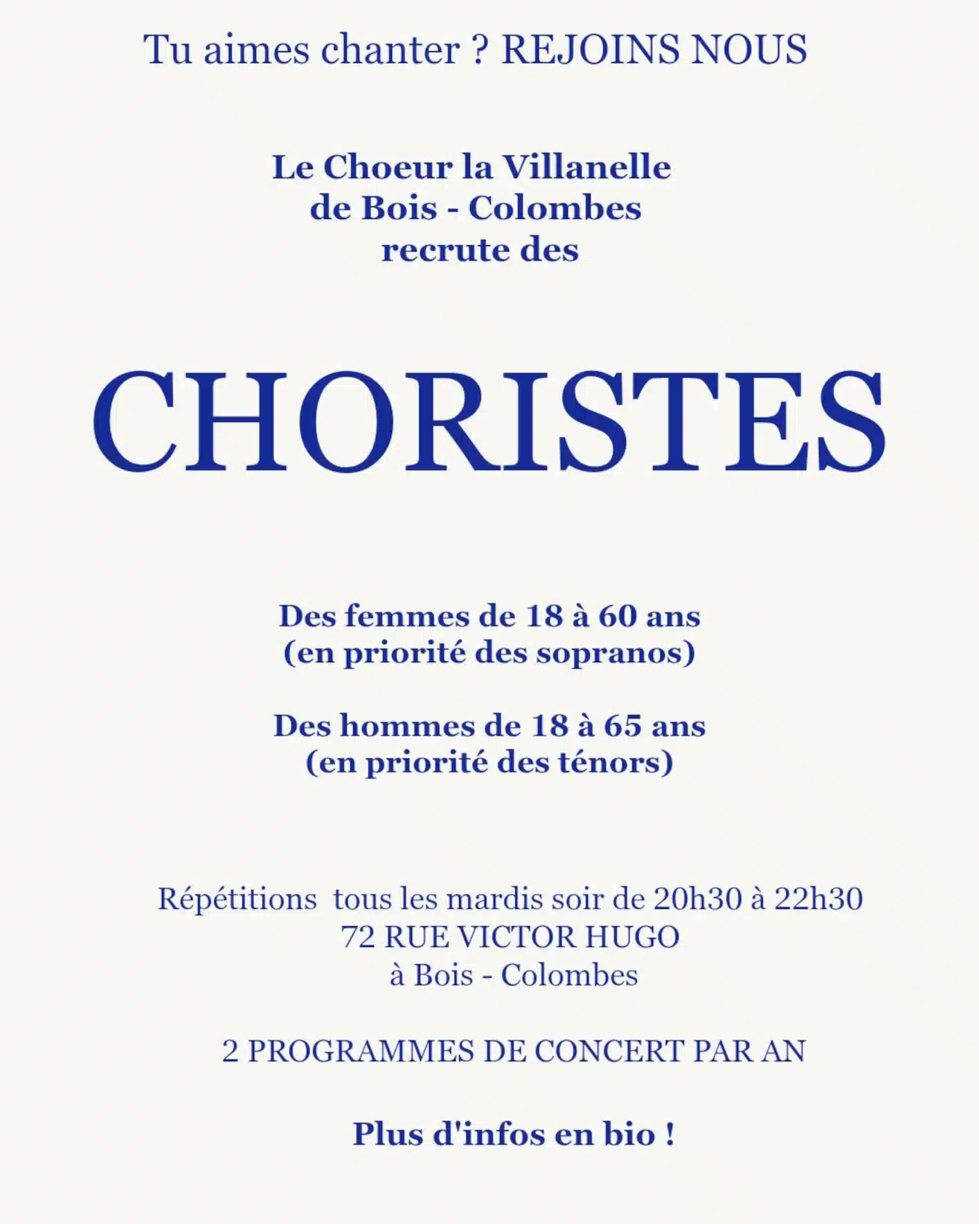 Recrutement pour la chorale le Chœur La Villanelle-Bois-Colombes